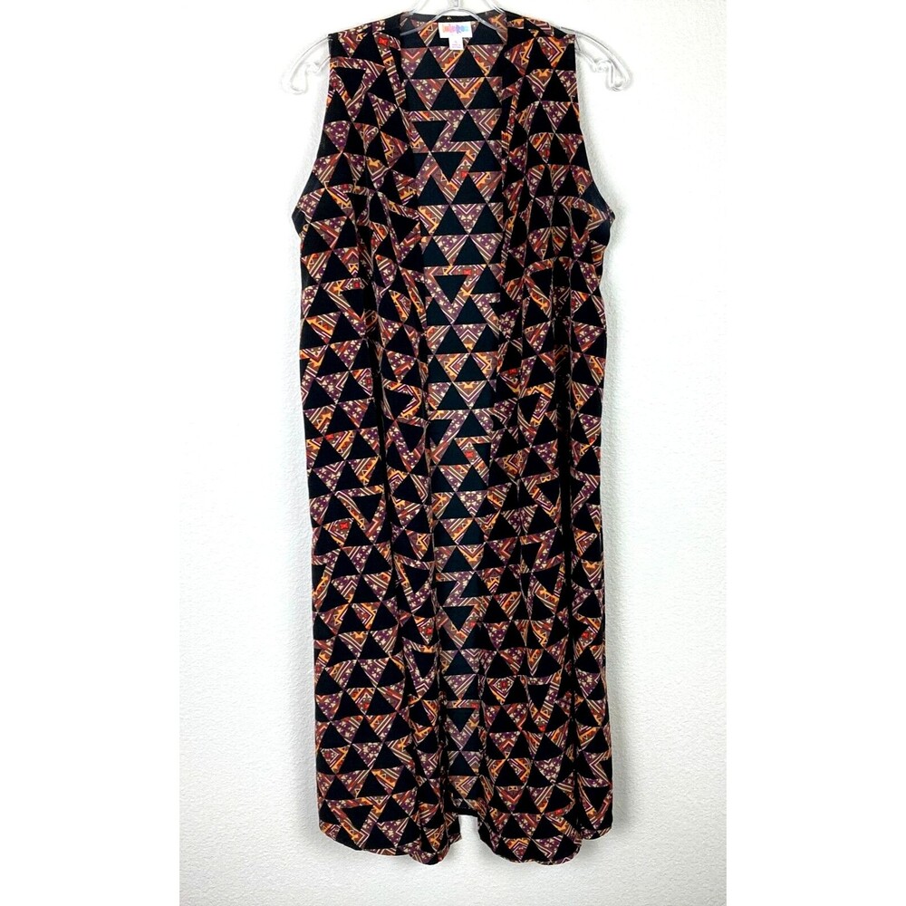 Lularoe Joy Vest Duster Size S Geometric Black Purple Side Slits Boho Artwear
